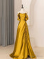 Unique A Line Satin Long Prom Dress Off The Shoulder Pleated Prom Dresses
