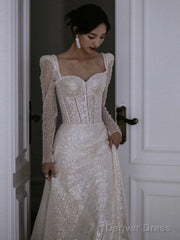 Unique A Line Square Neckline Sequin Pleats Long Sleeves Wedding Dresses