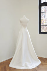 Unique A Line Strapless Satin White Wedding Dresses Brides Dresses