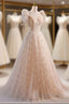 Unique And Beautiful Champagne Sequin Square Neck Fluffy Short Sleeved Ball Dress Champagne A Shaped Princess Backless Strap And Floor Length Prom Dresses