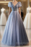 Unique And Beautiful Sky Blue Beaded Rhinestone Fluffy Short Sleeved Ball Dresses With Sky Blue A-Shaped Princess V-Neck Backless Strap And Ground Length Evening Dresses