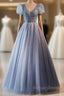 Unique And Beautiful Sky Blue Beaded Rhinestone Fluffy Short Sleeved Ball Dress With Sky Blue A Shaped Princess V Neck Backless Strap And Ground Length Prom Dresses