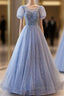 Unique And Beautiful Sky Blue Low Round Neck Short Sleeved Beaded Sequin Ball Dress With Sky Blue A Line Backless Strap And Ground Length Prom Dresses