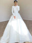 Unique Ball Gown Scoop Neckline Long Sleeves White Satin Wedding Dresses
