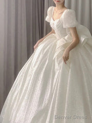 Unique Ball Gown Square Neckline Short Sleeves Sequin White Wedding Dresses Brides Dress
