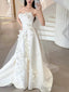Unique Ball Gowns Strapless Neckline Long White Satin Floral Wedding Dresses
