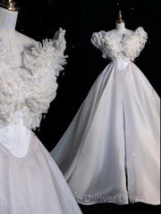 Unique Ball Gown Sweetheart Long Tulle White Wedding Dresses Brides Dresses