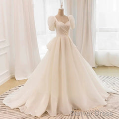 Unique Ball Gown Sweetheart Short Sleeves Long White Wedding Dresses