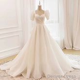 Unique Ball Gown Sweetheart Short Sleeves Long White Wedding Dresses