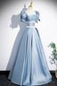 Unique Blue Satin Long Prom Dress, A Line Short Sleeve Blue Prom Dresses