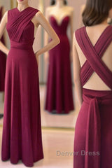 Unique Burgundy Long Prom Dresses with Cross Back, Burgundy Formal Graduation Evening Dresses, Burgundy Bridesmaid Dresses