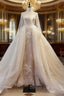 Unique Champagne Tulle Lace Long Prom Dress, Champagne Wedding Dresses