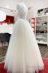 Unique Ivory Long Princess V-neck Tulle Lace Wedding Dresses