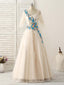 Unique Lace Applique Tulle Long Prom Dress Light Champagne Bridesmaid Dresses