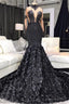 Unique Lace Appliques Flowers High Neck Prom Dresses Sheer Tulle Fit and Flare Prom Gown