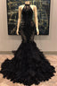 Unique Lace Appliques Halter Feather Prom Dresses Sleeveless Alluring Fit and Flare Prom Gown