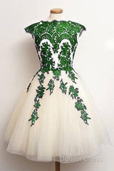 Unique Lace Tulle Short Prom Dresses, Lace Bridesmaid Dresses