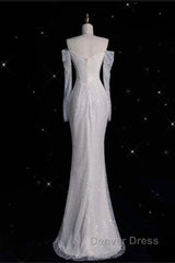 Unique Mermaid Off The Shoulder Long Sleeves Wedding Dresses Sequin Brides Dresses