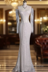 Unique Mermaid Off The Shoulder Long Sleeves Wedding Dresses Sequin Brides Dresses