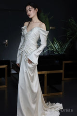 Unique Mermaid Off The Shoulder Pleats Long Sleeves Satin Wedding Dresses