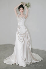 Unique Mermaid Off The Shoulder Pleats Short Sleeves Satin Ivory Wedding Dresses