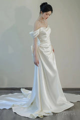 Unique Mermaid Off The Shoulder Pleats Short Sleeves Satin Wedding Dresses