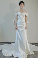 Unique Mermaid Off The Shoulder Pleats Short Sleeves Satin Wedding Dresses