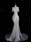 Unique Mermaid Off The Shoulder Sequin Short Sleeves White Wedding Dress Brides Dresses