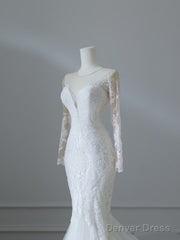 Unique Mermaid Scoop Neckline Long Sleeves Wedding Dresses White Brides Dress