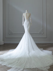 Unique Mermaid Scoop Neckline Long Sleeves Wedding Dresses White Brides Dress