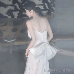 Unique Mermaid Spaghetti Straps Lace Pleats White Ruffles Wedding Dresses