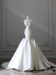 Unique Mermaid Strapless Ivory Satin Wedding Dresses Brides Dress