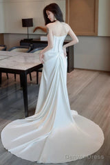 Unique Mermaid Strapless Pleats Long White Satin Lace Wedding Dresses Brides Dress