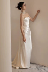 Unique Mermaid Strapless Pleats Long White Satin Wedding Dresses
