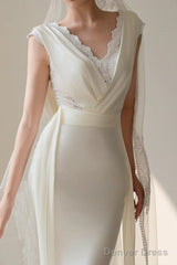 Unique Mermaid V Neckline Lace Pleats White Satin Ruffles Wedding Dresses