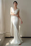 Unique Mermaid V Neckline Lace Pleats White Satin Ruffles Wedding Dresses