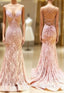 Unique Pink Long Mermaid Open Back Lace Dress, Senior Prom Dresses