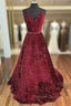 Unique Prom Dresses, A-line V Neck Spaghetti Straps Long/Floor-Length Velvet Sequins Prom Dresses With Beading