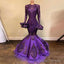 Unique Purple Long Sleeves Sequins Lace Mermaid Prom Dresses, Shinning Formal Evening Party Dress