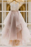 Unique Round Neck Sequin Tulle Long Prom Gown, Evening Dresses, Wedding Dresses