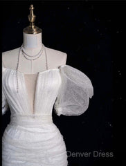 Unique Sheath Off The Shoulder Sequin Short Sleeves White Wedding Dresses Brides Dresses