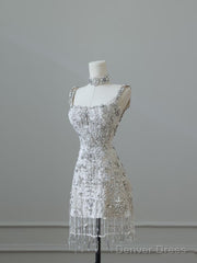 Unique Sheath Spaghetti Straps Silver Wedding Dresses Brides Dress