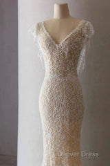 Unique Sheath V Neckline Cap Sleeves Lace Ivory Wedding Dresses
