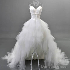 Unique Style Hi-Low Sweetheart Spaghetti Strap White Feather Lace Up Tulle Ruffles  Wedding Dresses ,
