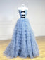Unique Sweetheart Neck Tulle Blue Long Prom Dress, Blue Tulle Long Prom Dresses