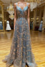 Unique v neck tulle sequin long prom Dress, sequin long Prom Dresses