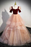 Unique Velvet Long A Line Prom Dress with Ruffles, Cute Prom Dresses