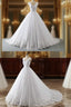 Unique White Lace V Neck Puffy Sweep Train Wedding Dress, Lace Prom Dresses