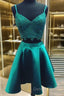 V Neck 2 Pieces Short Green Lace Prom Dresses, Two Pieces Short Green Formal Homecoming Dresses