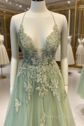 V Neck A Line Green Tulle Long Prom Dresses With Applique